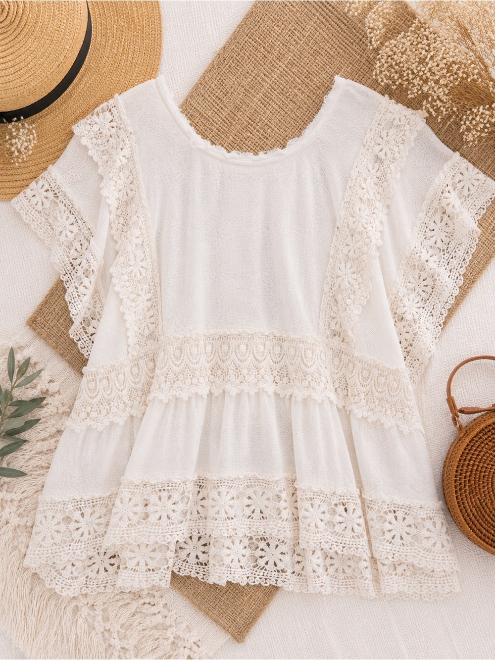 Free People Ivory Crochet Lace Boho Tunic Top Women’s Medium